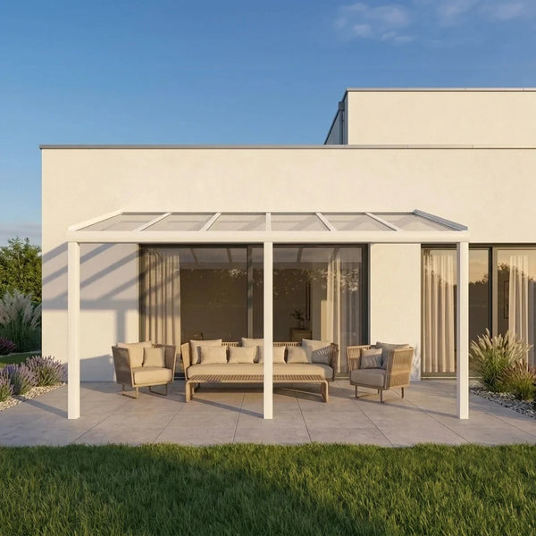 Premium Weiß Terrassenüberdachung Alu mit Stegplatten 16mm klar/farblos
