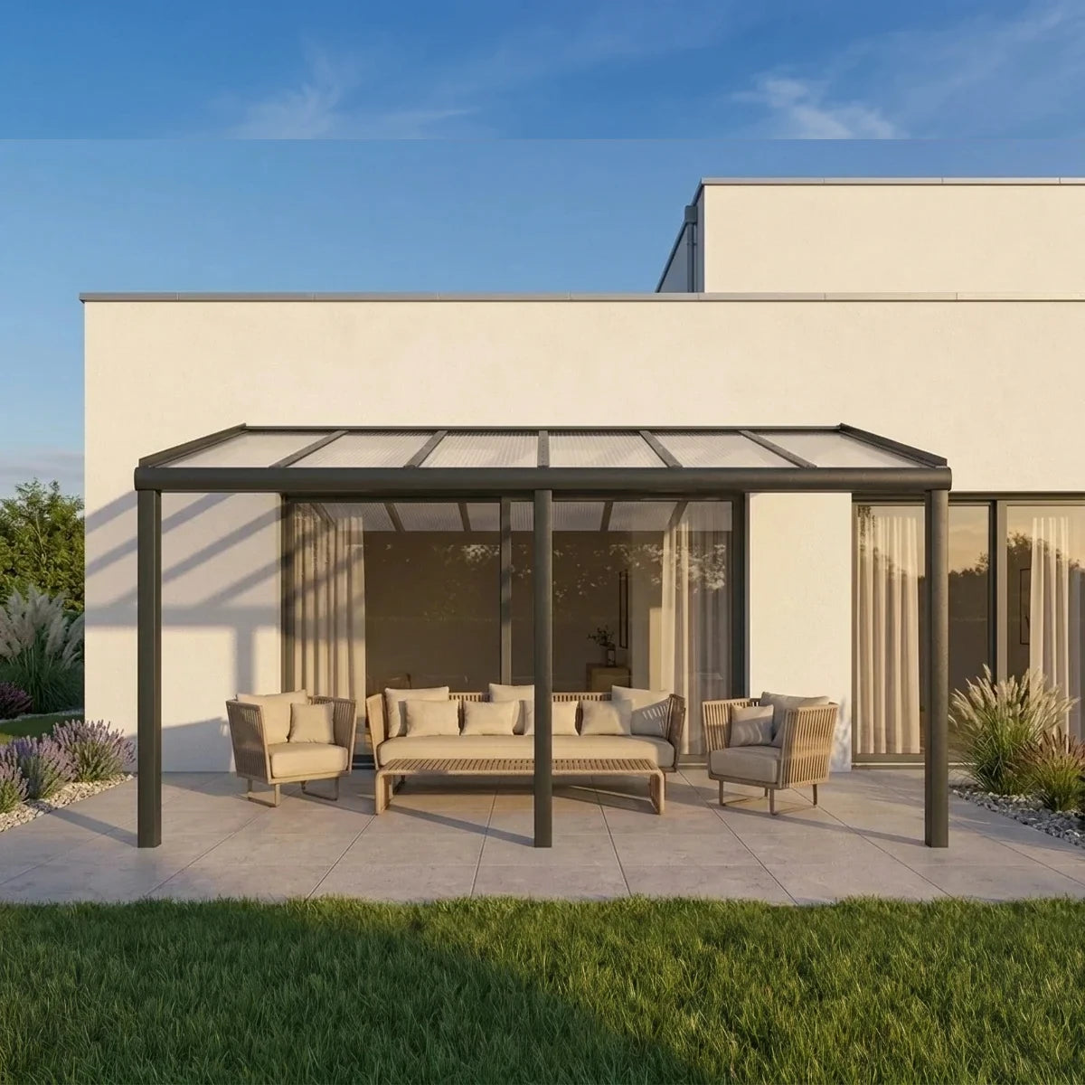 Premium Anthrazit Terrassenüberdachung Alu mit Stegplatten 16mm klar/farblos