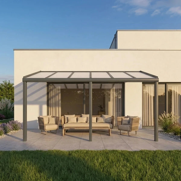 Premium Anthrazit Terrassenüberdachung Alu mit 8mm VSG Glas opal/milchig