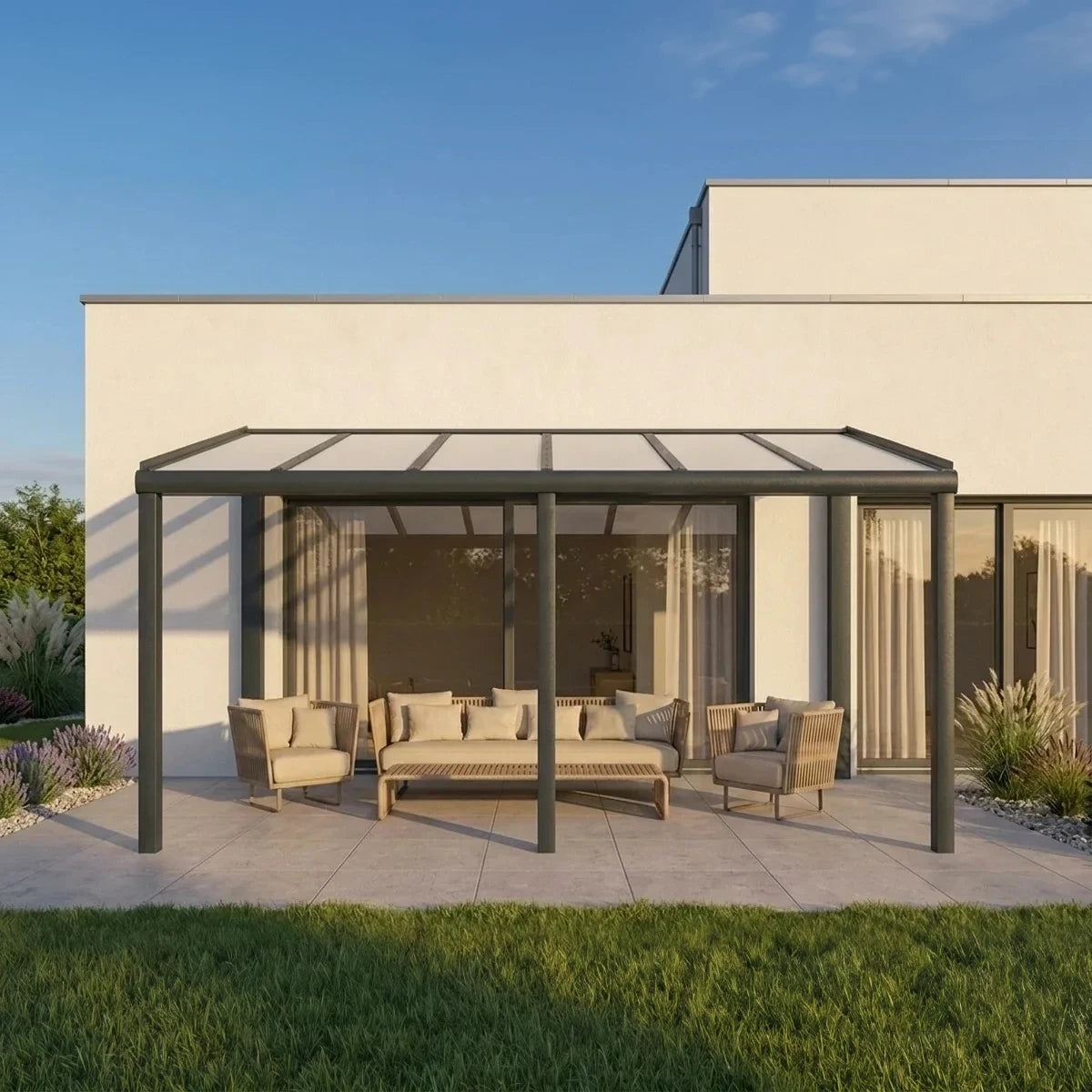 Premium Anthrazit Terrassenüberdachung Alu freistehend mit 8mm VSG Glas opal/milchig