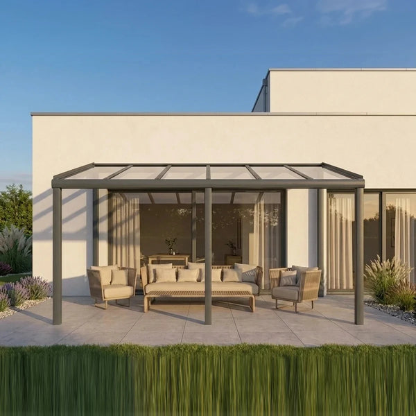Premium Anthrazit Terrassenüberdachung Alu freistehend mit 8mm VSG Glas klar/farblos