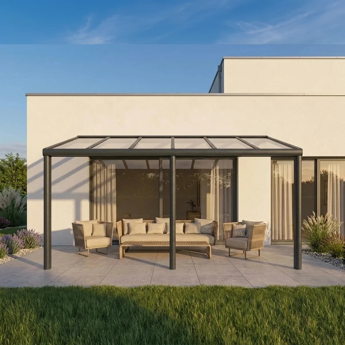 Premium Anthrazit Terrassenüberdachung Alu freistehend mit Stegplatten 16mm klar/farblos