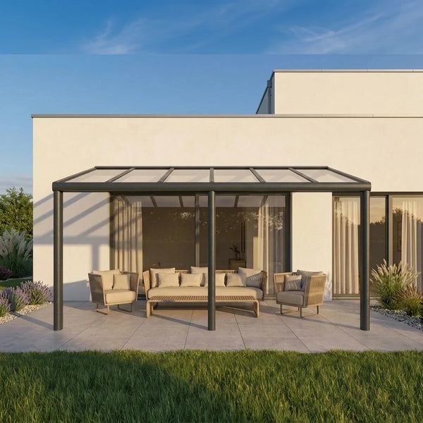 Premium Anthrazit Terrassenüberdachung Alu freistehend mit Stegplatten 16mm klar/farblos