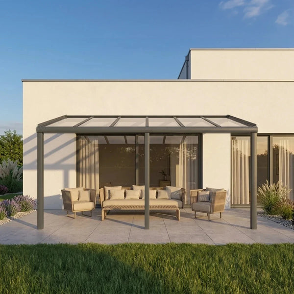 Premium Anthrazit Terrassenüberdachung Alu freistehend mit Stegplatten 16mm opal/weiß