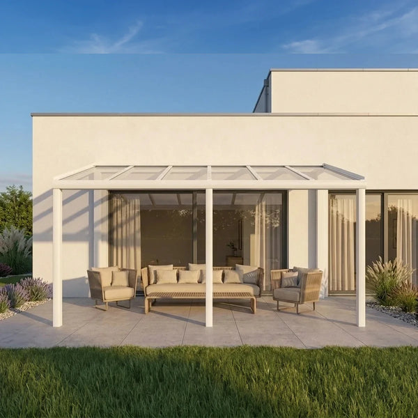Premium Weiß Terrassenüberdachung Alu freistehend mit Stegplatten 16mm klar/farblos