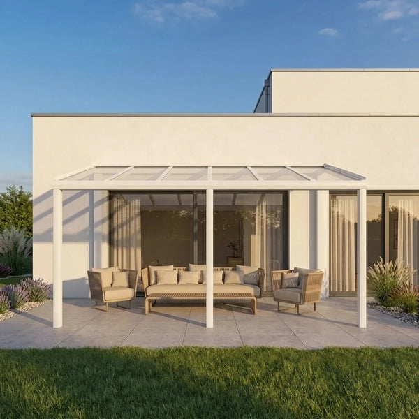 Premium Weiß Terrassenüberdachung Alu freistehend mit 8mm VSG Glas opal/milchig
