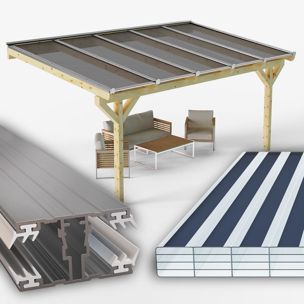 Dachhaut Alu Alu mit Polycarbonat Stegplatten 16mm gestreift klar/graphit