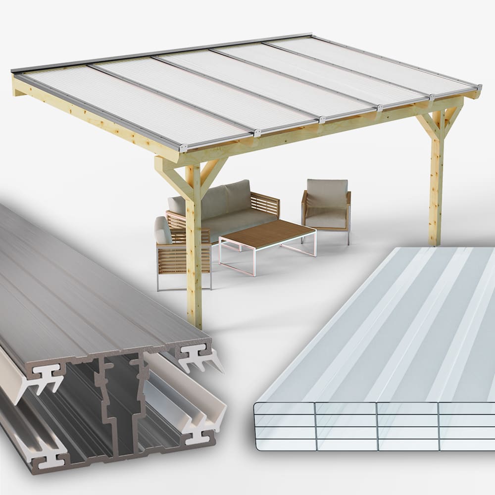 Dachhaut Alu Alu mit Polycarbonat Stegplatten 16mm gestreift klar/opal