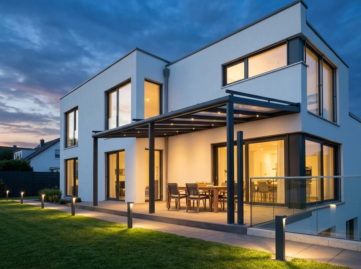 Terrassenüberdachung Alu Anthrazit am Abend – TerrassenPost