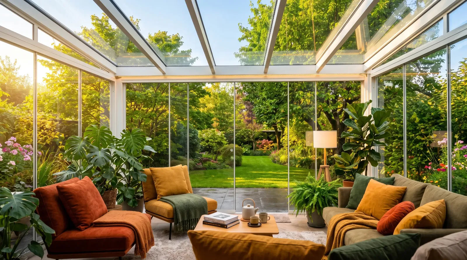 Wintergarten Alu mit Glasdach – Blick in den Garten